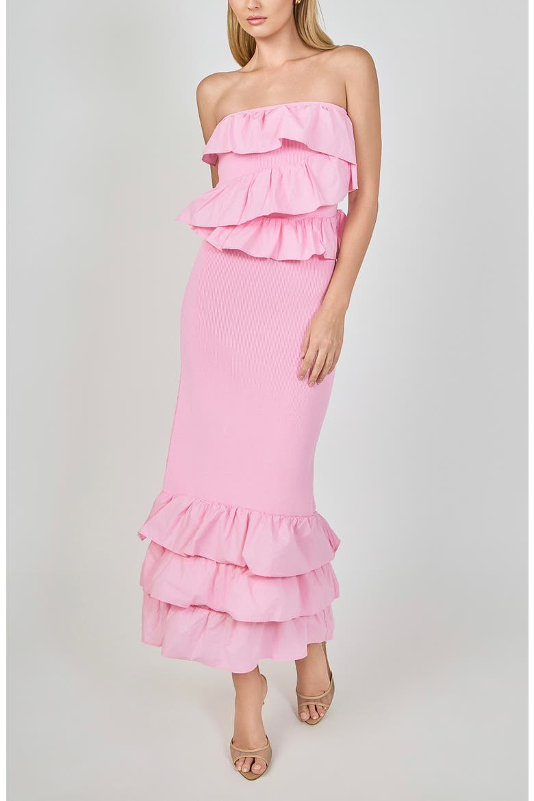 Ruffle Detail Mixed Media Strapless Dress, Alternate, color, BABY PINK