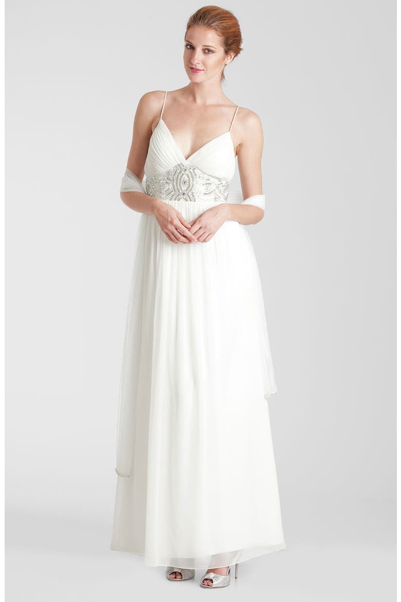 Embellished Waist Chiffon Gown, Main, color, IVORY/ SILVER