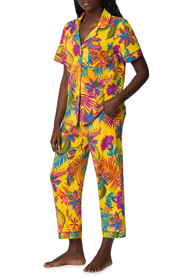 Print Stretch Organic Cotton Jersey Crop Pajamas, Alternate, color, JACOBEAN FLORAL