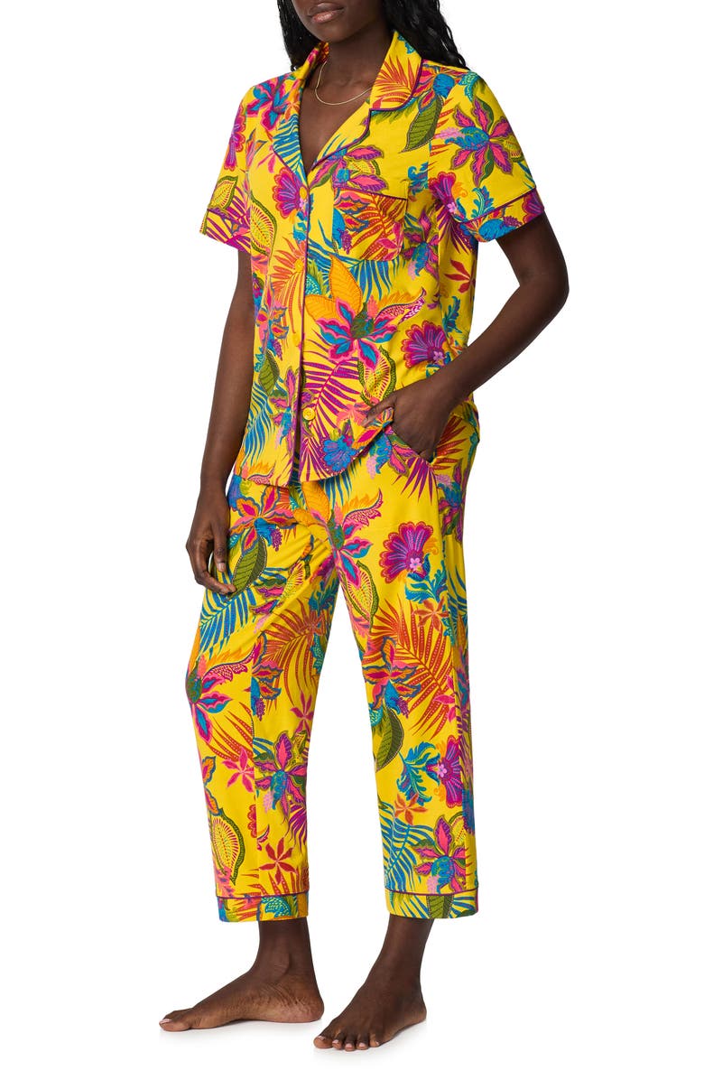 BedHead Pajamas Print Stretch Organic Cotton Jersey Crop Pajamas, Alternate, color, Jacobean Floral