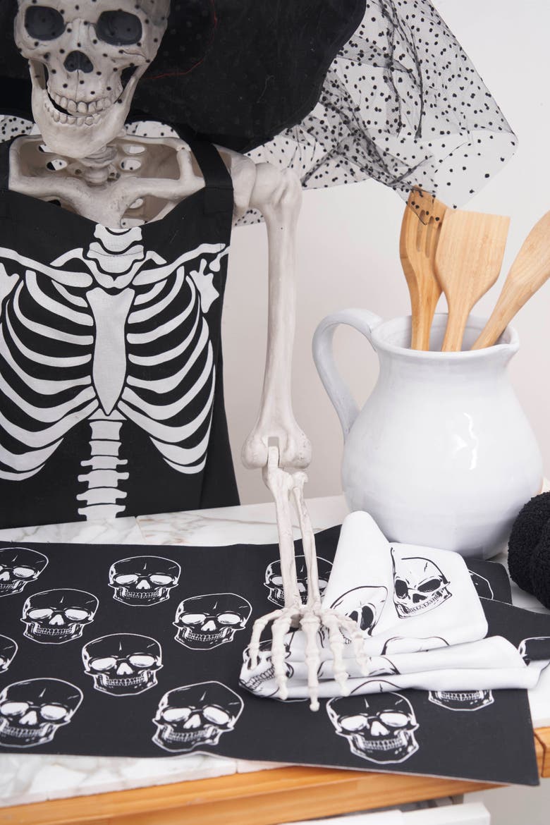 Skully Black & White Halloween Dishtowel Set of 2, Alternate, color, Black