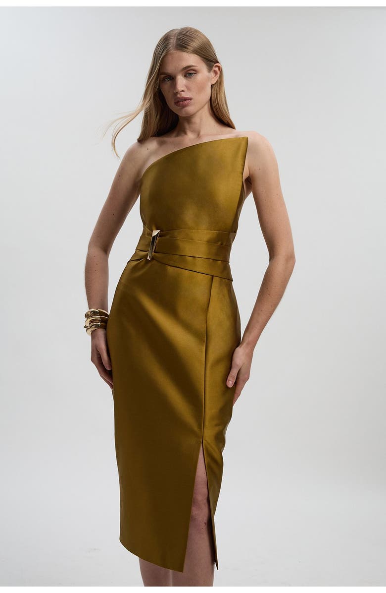 Karen Millen Satin Twill Asymmetric Neck Midi Dress, Main, color, Gold