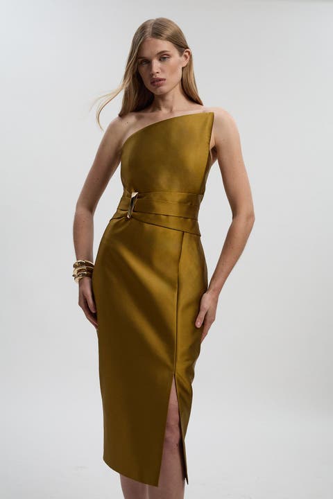 Satin Twill Asymmetric Neck Midi Dress