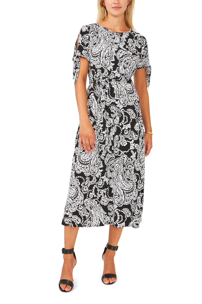 Print Tie Waist Split Sleeve Midi Dress, Main, color, BLACK/ WHITE