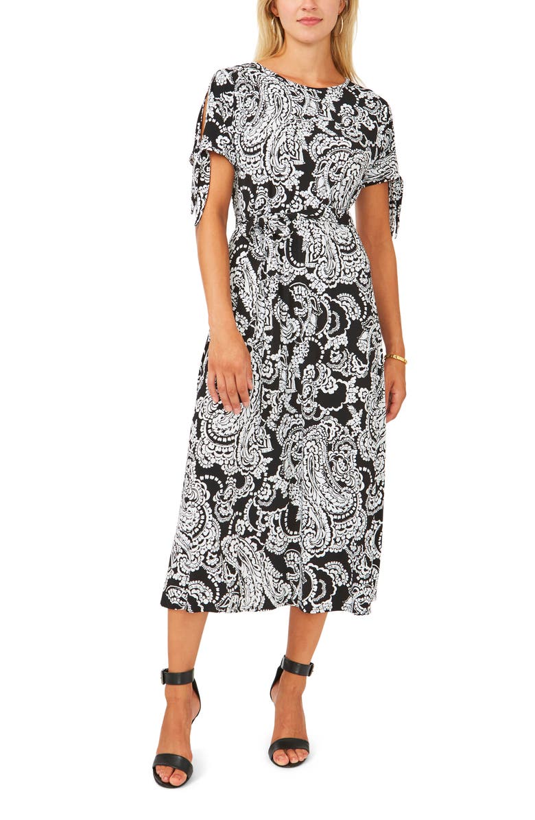 Chaus Print Tie Waist Split Sleeve Midi Dress, Main, color, Black/ White