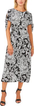 Chaus Print Tie Waist Split Sleeve Midi Dress