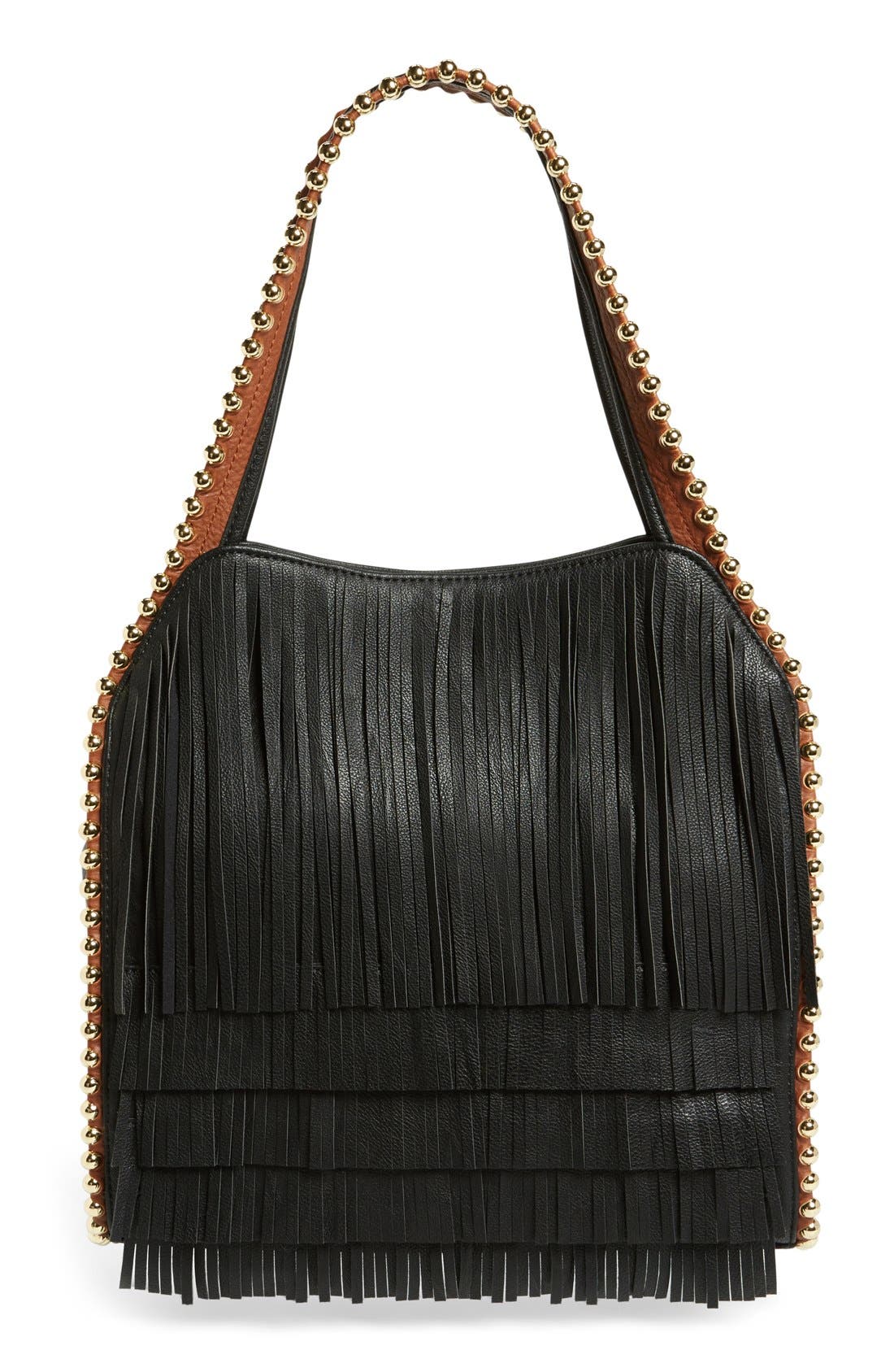 Fringe Faux Leather Hobo, Main, color, BLACK