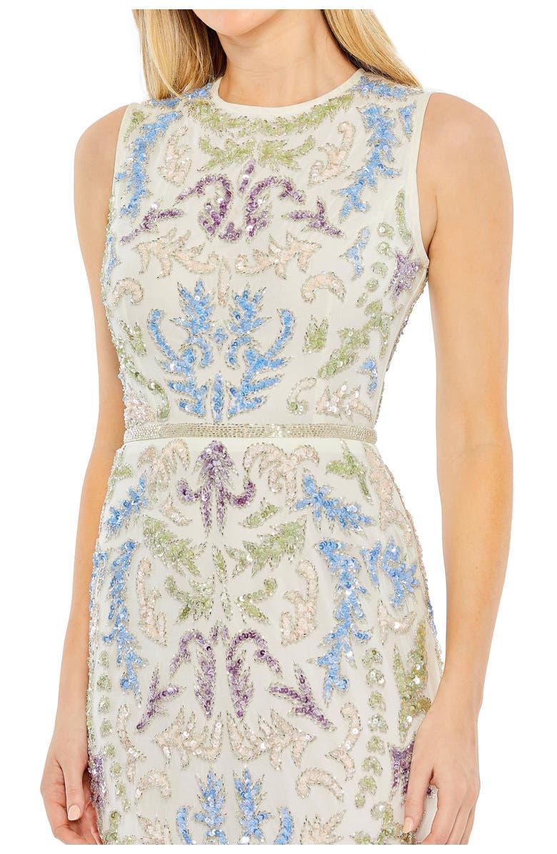 Mac Duggal Sleeveless Sequined High Neck Tea Length Dress, Alternate, color, Ivory Multi