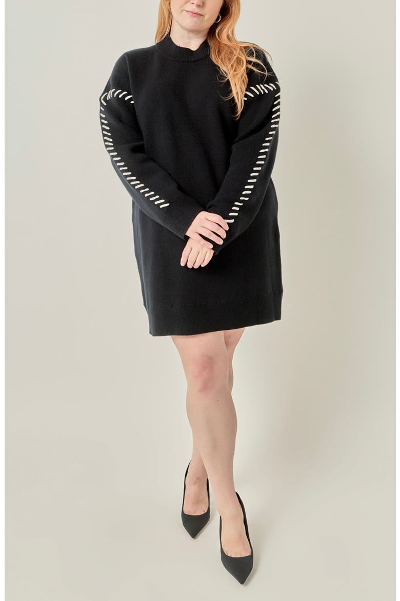 Whipstitched Knit Minidress, Alternate, color, BLACK/ IVORY