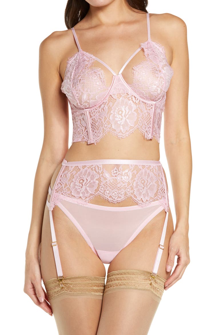 Lace Longline Underwire Bra, Garter Belt & Thong Set, Main, color, PINK