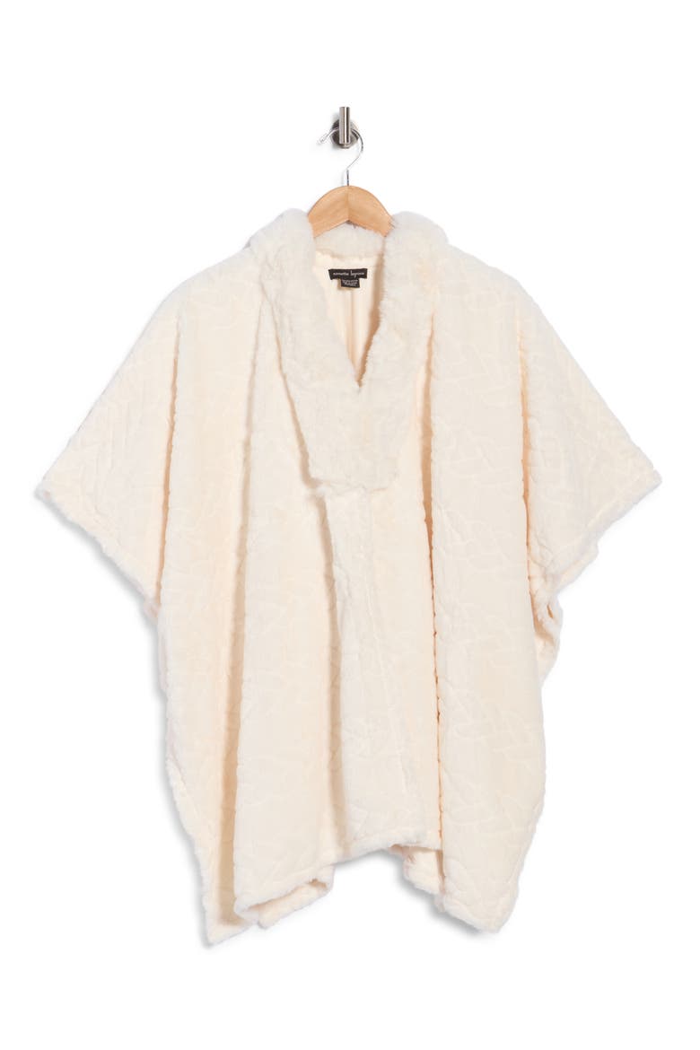 Ribbed Cardigan Poncho with Faux Fur Collar, Alternate, color, IVORY