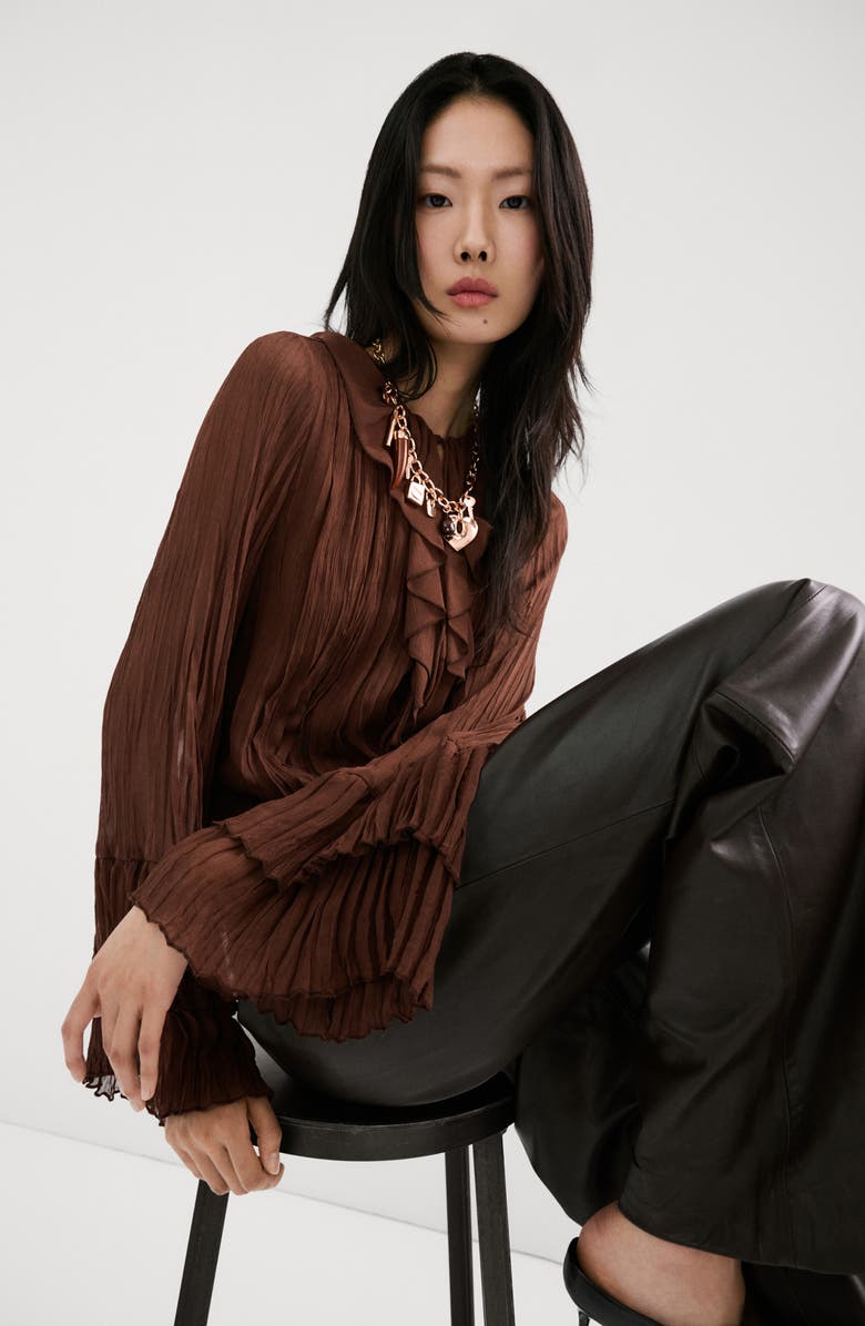 MANGO Busa Ceci Ruffle Crinkle Top, Alternate, color, Brown