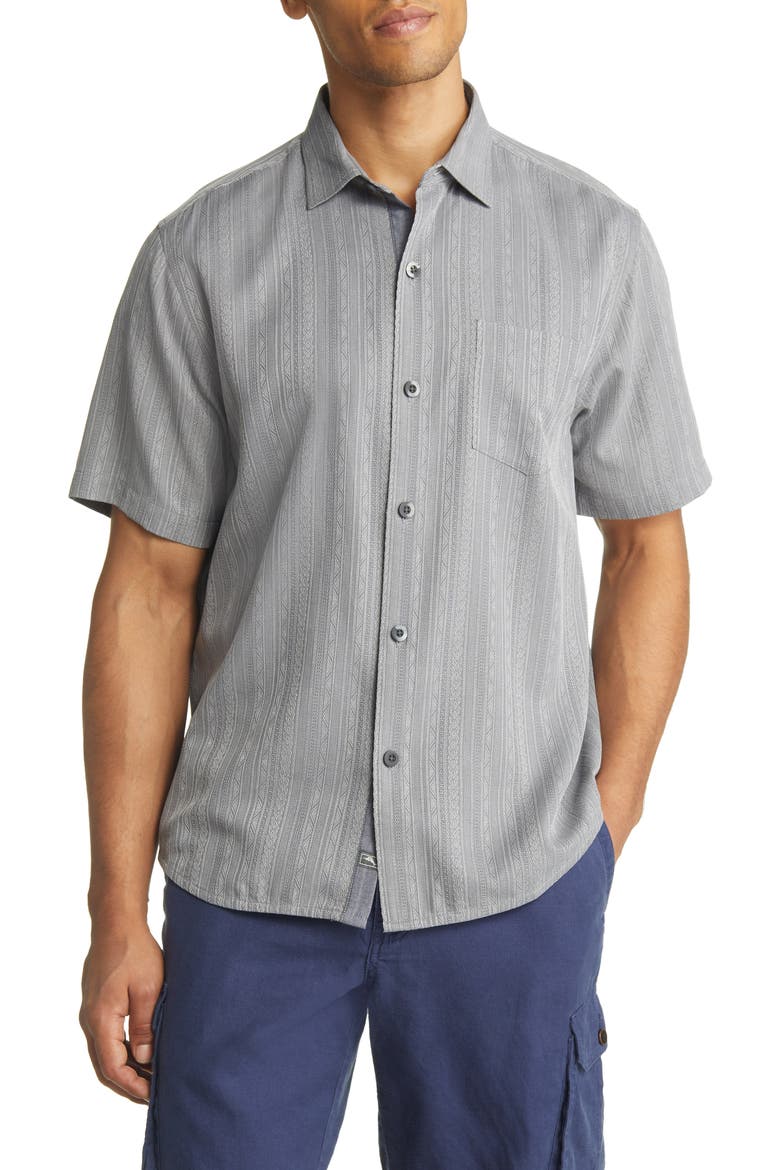 Salt Island Stripe Short Sleeve Silk Button-Up Shirt, Main, color, SHADOW