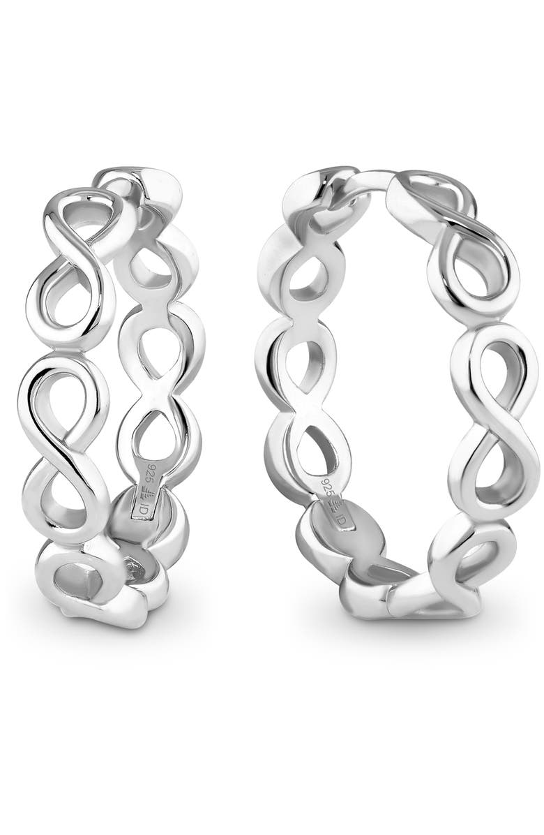 DEVATA Infinity Hoop Earrings in Rhodium Plated Sterling Silver, Main, color, Silver