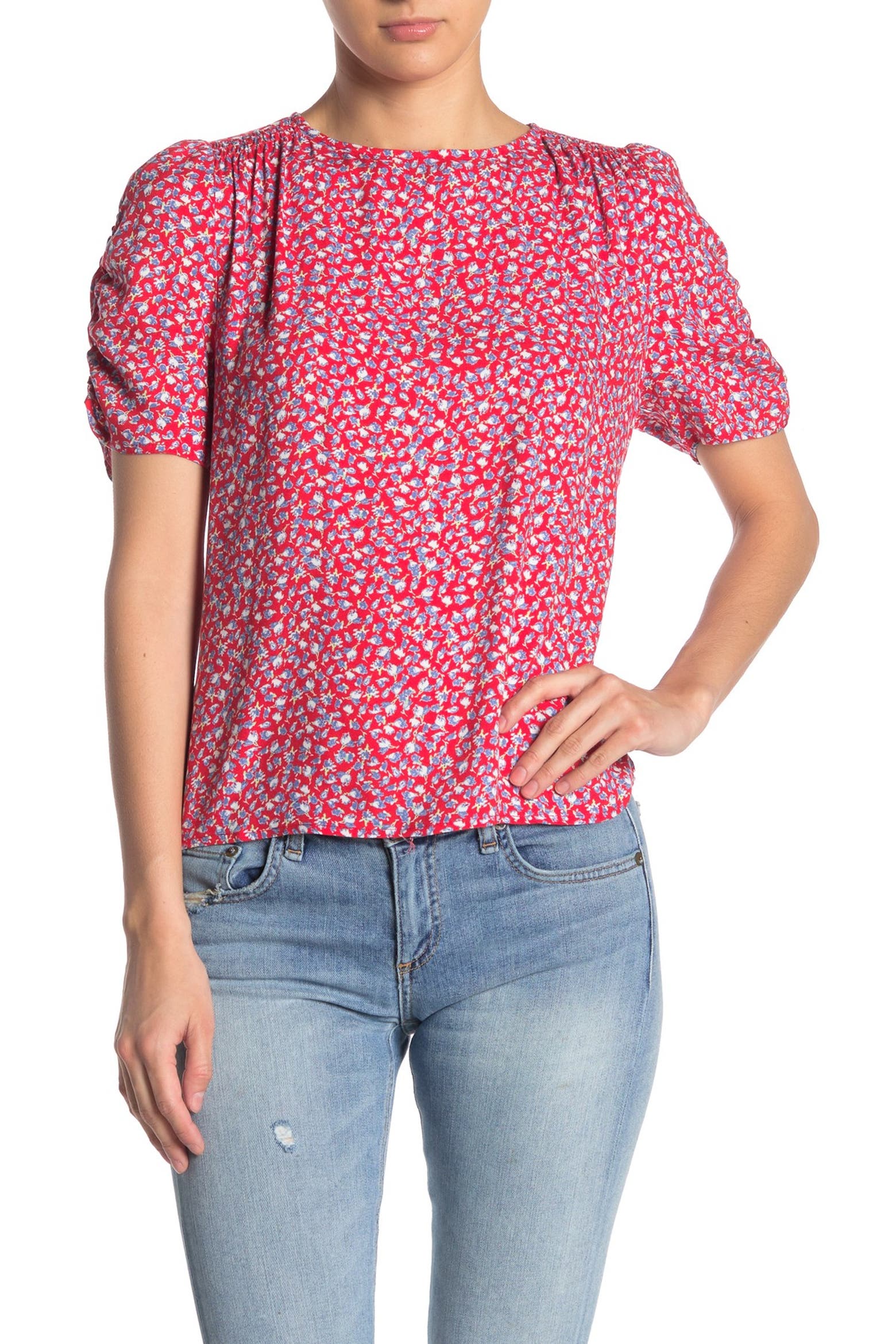 Short Line Model Elodie Floral Ruched Short Sleeve Top (Women) | Nordstromrack