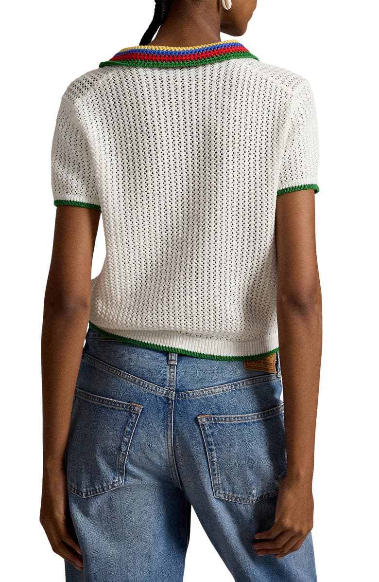 Polo Ralph Lauren Pointelle Knit Short Sleeve Polo, Alternate, color, White Multi