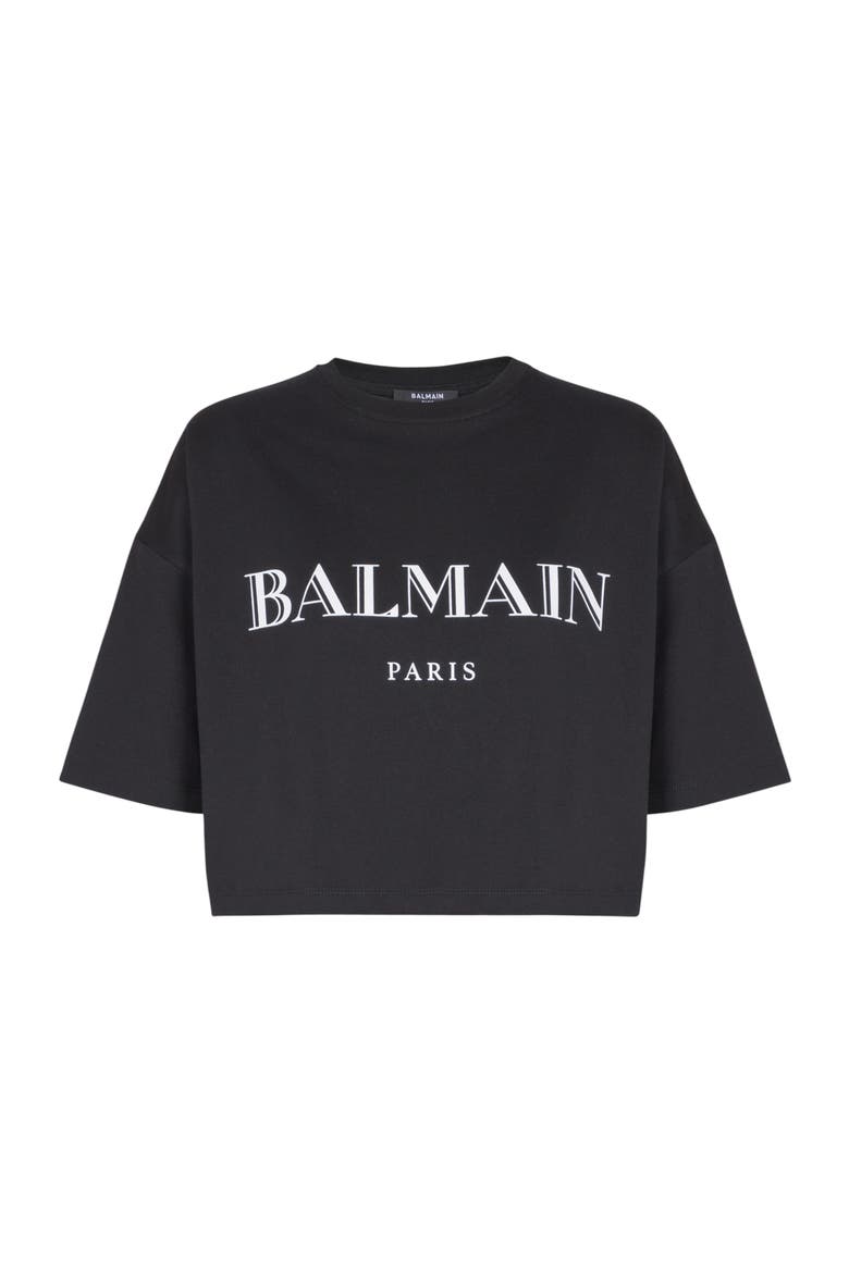 Boxy Cropped T-Shirt with Balmain Print, Alternate, color, black