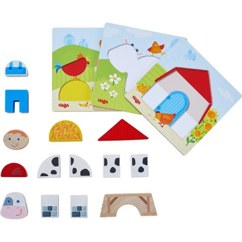 On the Farm Beginner Pattern Blocks Puzzle with 3 Background Scenes and 14 Wooden Pieces - Ages 18 Months + (Made in Germany)