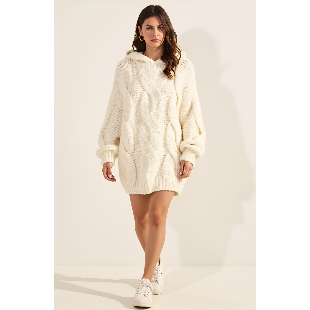 Modenaire Cable-Knit Hoodie with Pockets in Cream  product