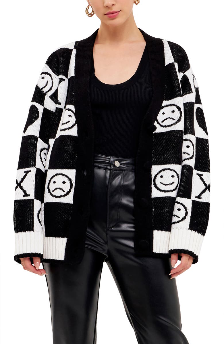 Grey Lab XOXO Smiley Check Cardigan, Main, color, 