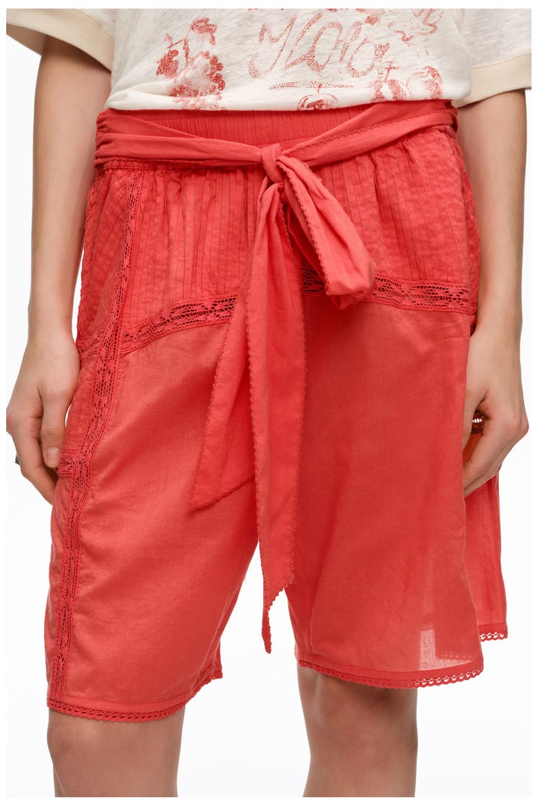 Cotton Pleated Bermuda Shorts with Lace Trim, Alternate, color, CORAL