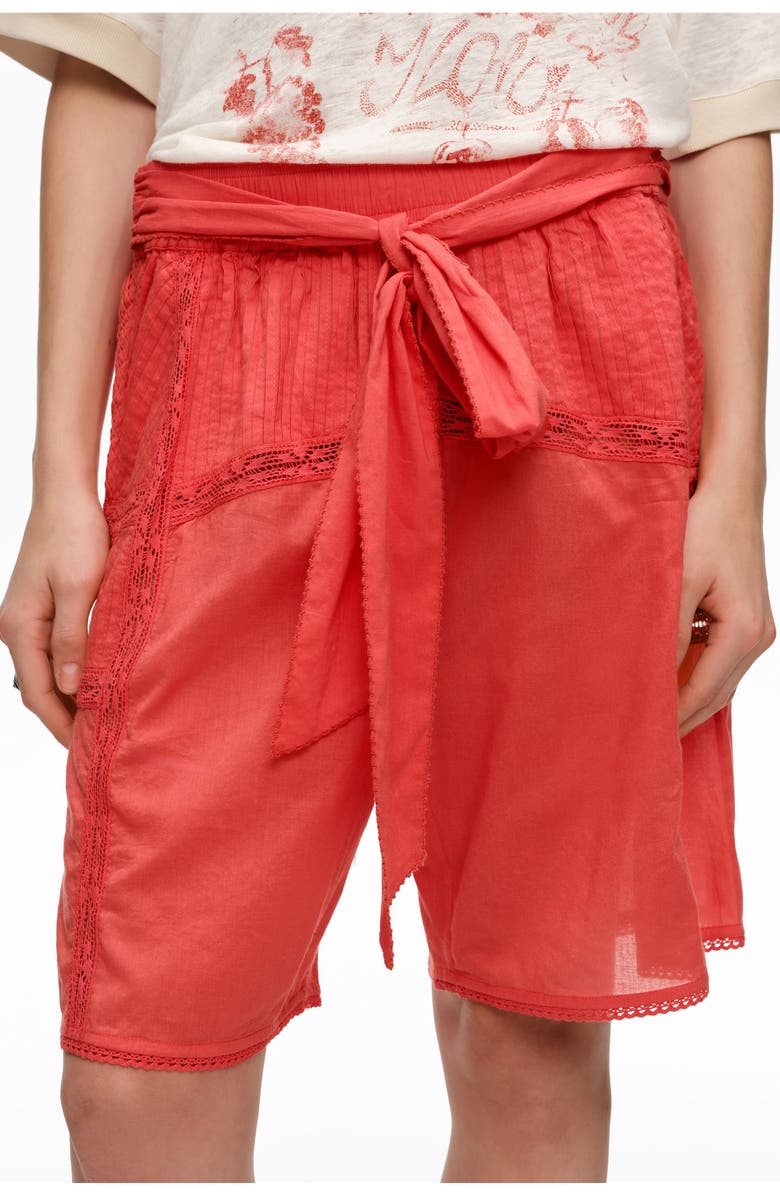 Bimba y Lola Cotton Pleated Bermuda Shorts with Lace Trim, Alternate, color, Coral
