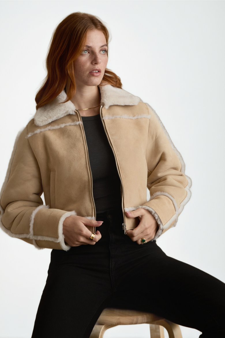 Clara Suede Shearling Jacket, Alternate, color, Beige