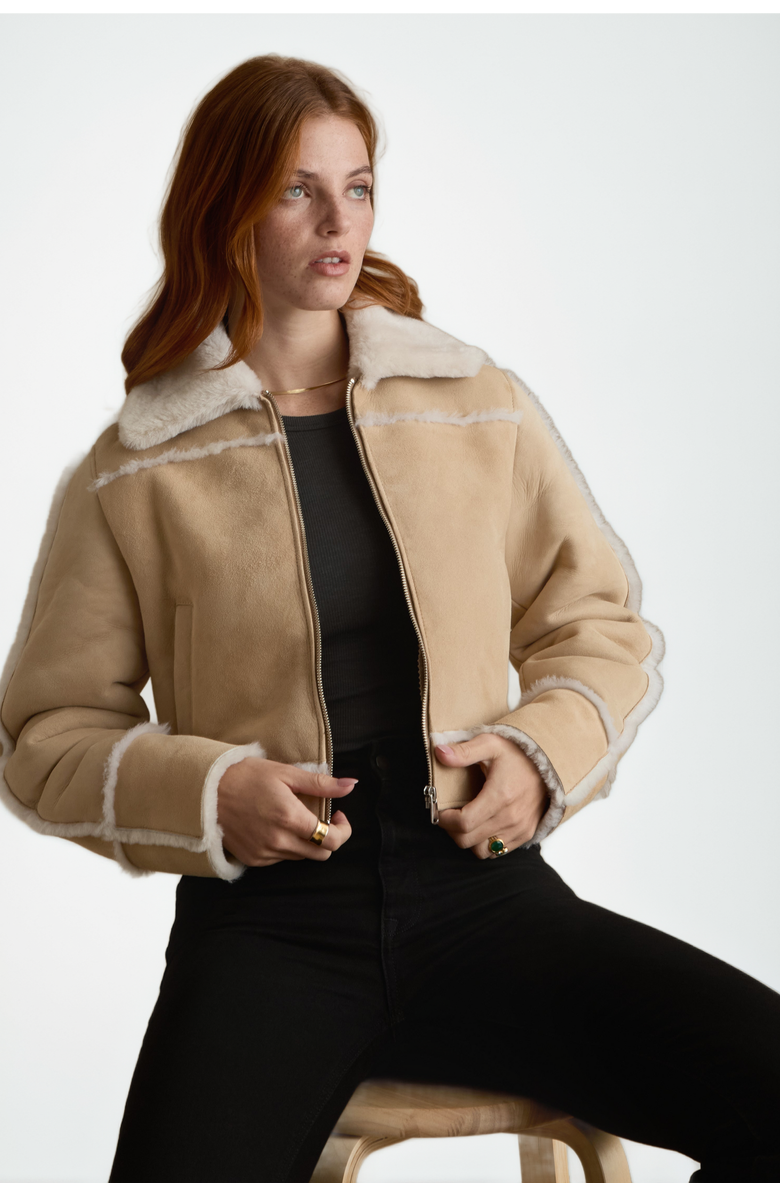 FURNIQ UK LLC Clara Suede Shearling Jacket, Alternate, color, Beige