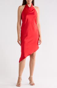 Renee C Asymmetric Satin Halter Dress
