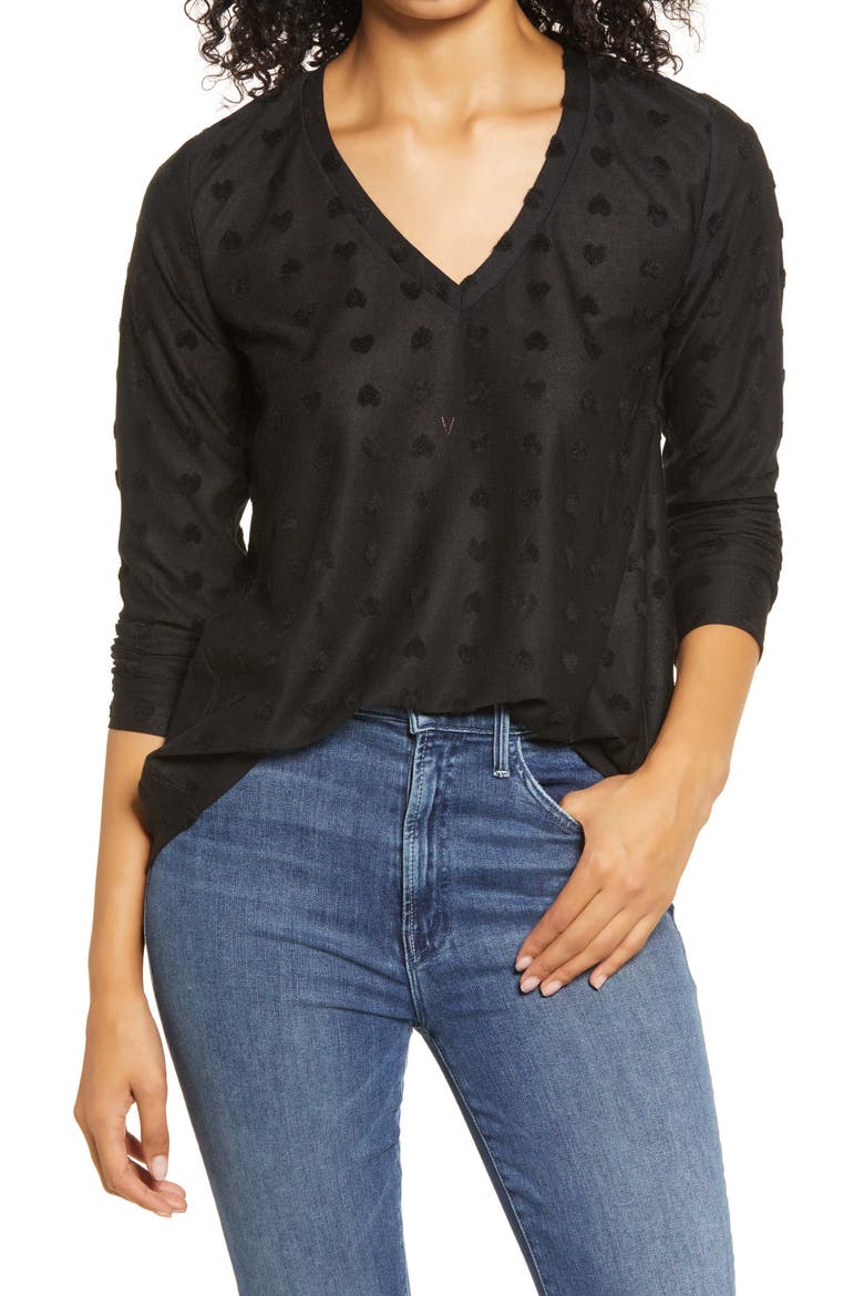 Flocked V-Neck Top, Main, color, BLACK HEARTS
