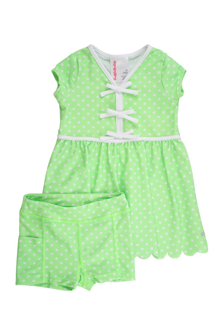 UPF50+ Active Short Sleeve Bow Dress & Bike Short Set, Main, color, Neon Honeydew Polka Dot
