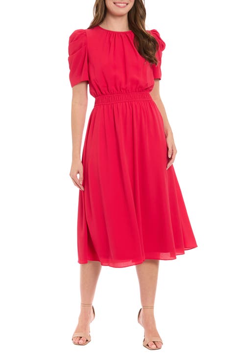 Ruched Bubble Sleeve Midi Dress