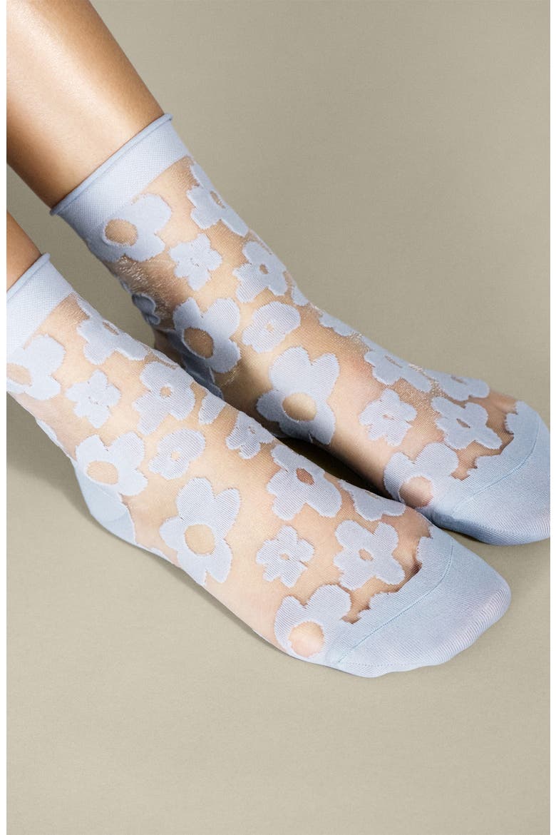 Poppy Flower Sheer Crew Socks, Main, color, GREY