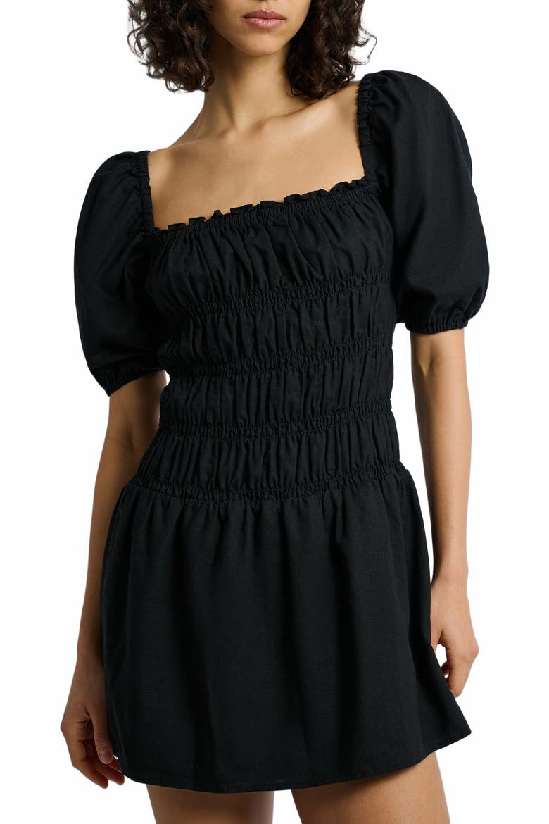 Air Linen Smocked Mini Dress, Alternate, color, BLACK