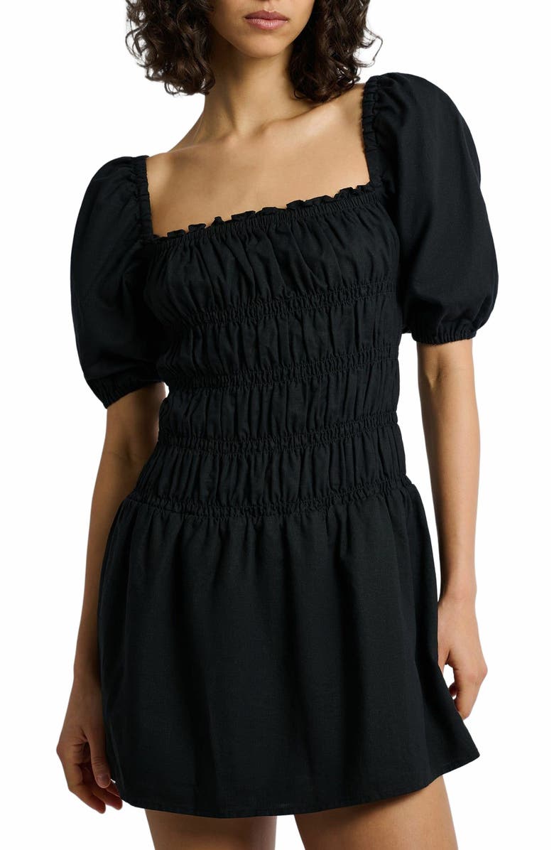 Onia Air Linen Smocked Mini Dress, Alternate, color, Black