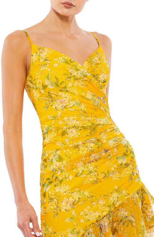 Shop Mac Duggal Floral Ruffle Asymmetrical Slit Gown In Yellow Multi