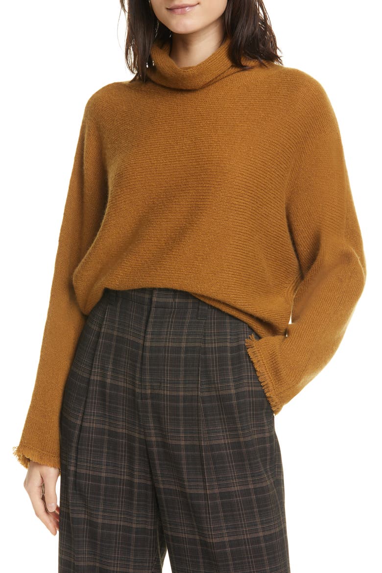 Fringe Sleeve Turtleneck Sweater, Main, color, LT BRONZE