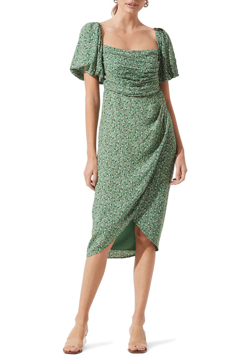Square Neck Bubble Sleeve Dress, Main, color, GREEN MULTI FLORAL