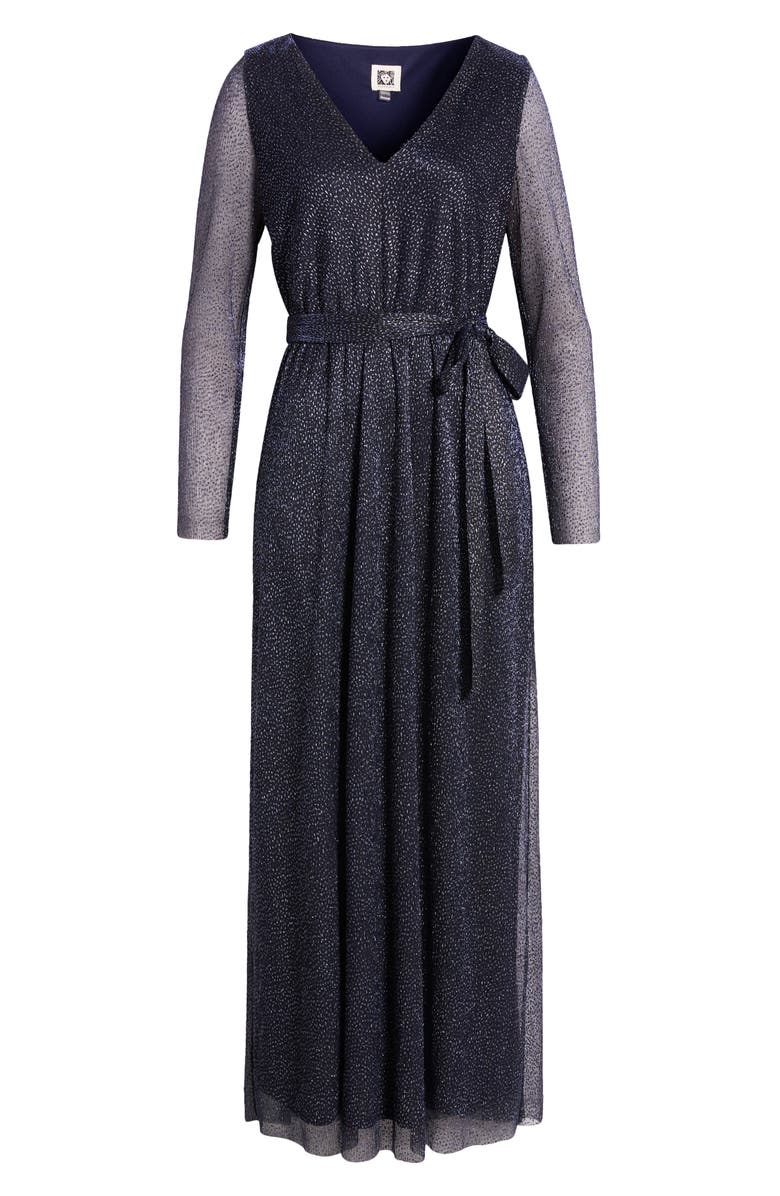 Anne Klein Belted Long Sleeve Metallic Chiffon Gown, Alternate, color, 