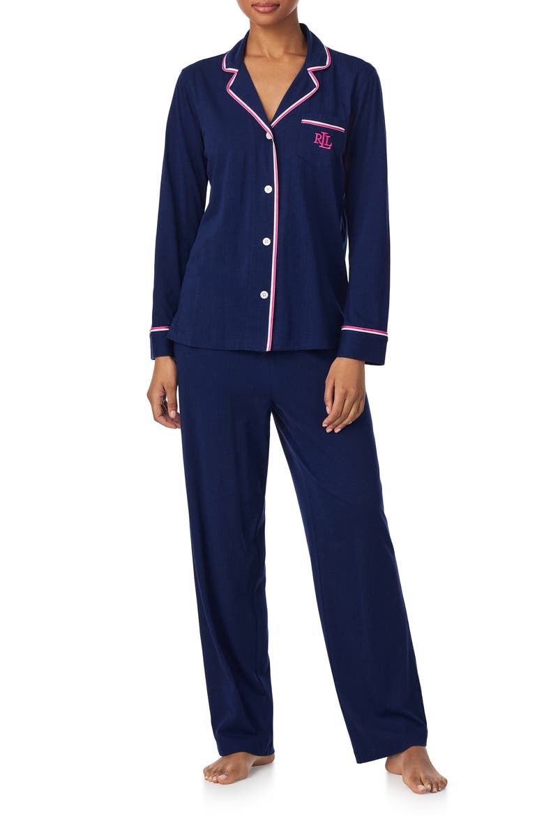 Piped Cotton Blend Pajamas, Main, color, NAVY