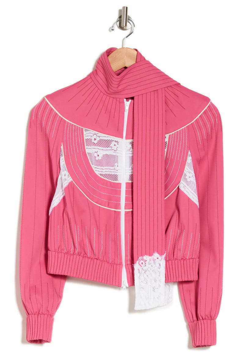 Lace Detail Scarf Collar Bomber Jacket, Alternate, color, SHADOW PINK/ BIANCO
