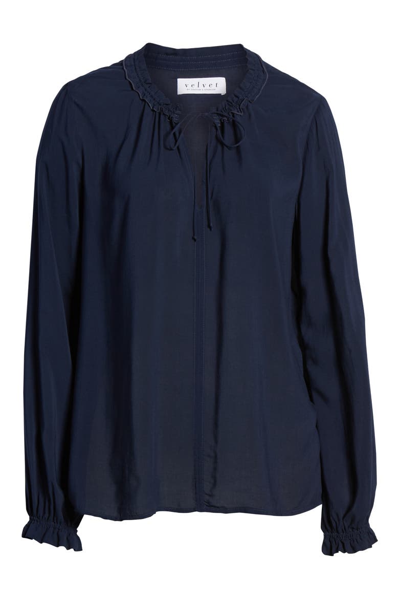 Ruffle Tie Neck Top, Alternate, color, POSTMAN BLUE