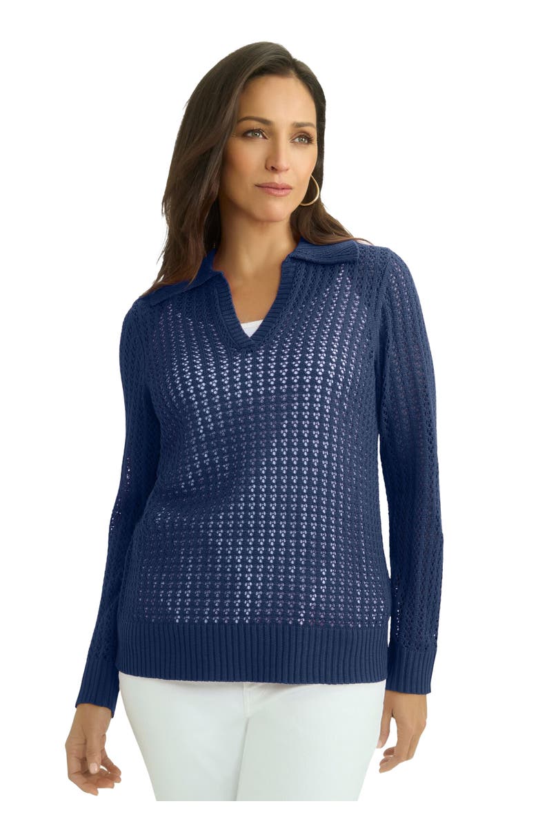 Jessica London Pullover Crochet Polo, Main, color, Navy