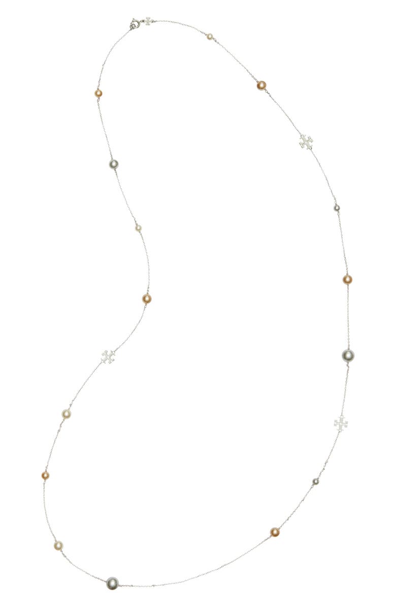 Tory Burch Kira Faux Pearl & Logo Station Necklace, Alternate, color,