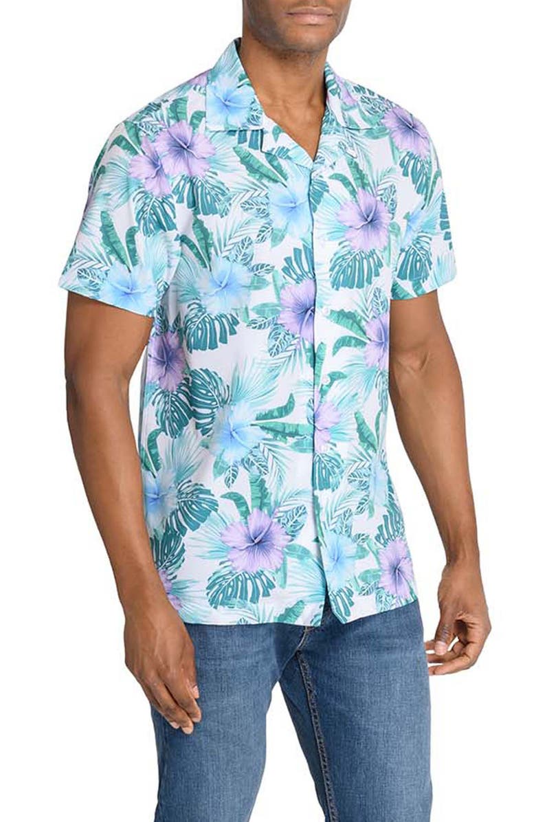 CONSTRUCT Slim Fit Floral Camp Shirt, Alternate, color, White/ Green