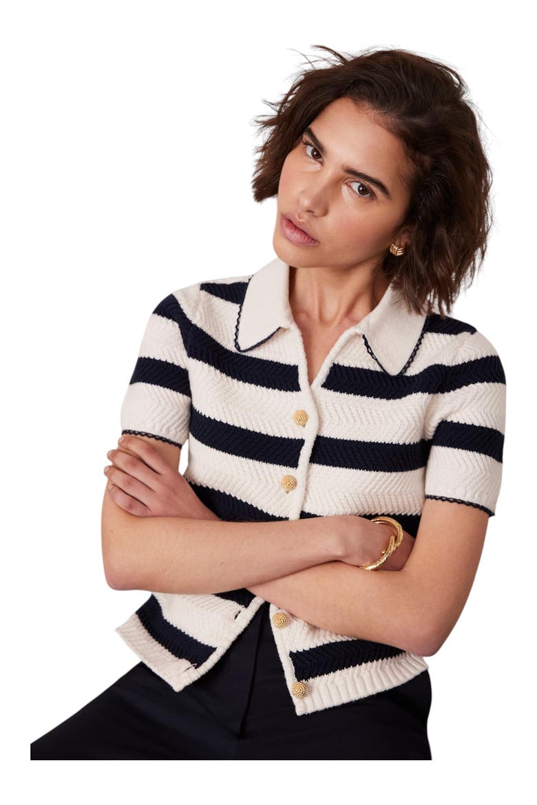 Stripe Collar Knit Tee, Main, color, Navy