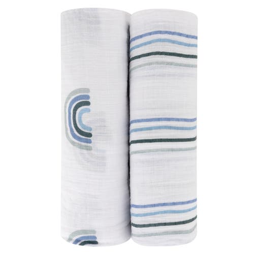 Zzdnu Swaddle Blanket Cotton Muslin Swaddle Blanket 2 Pack In Blue Rainbow/stripes