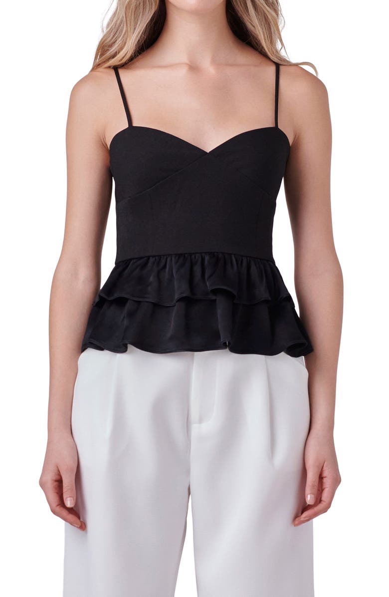 Endless Rose Mixed Media Layered Ruffle Camisole, Alternate, color, Black