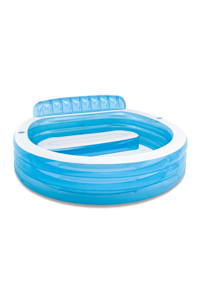 Blue Inflatable Family Lounge Swim Center with Built-in Bench and Cup Holder, 90" x 86" x 31", Main, color, Multicolored