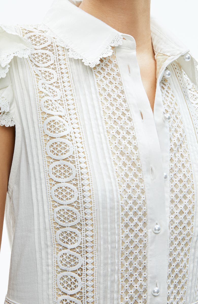 Alice + Olivia Meeko Embroidered Eyelet & Lace Trim Cotton Minidress, Alternate, color, Off White